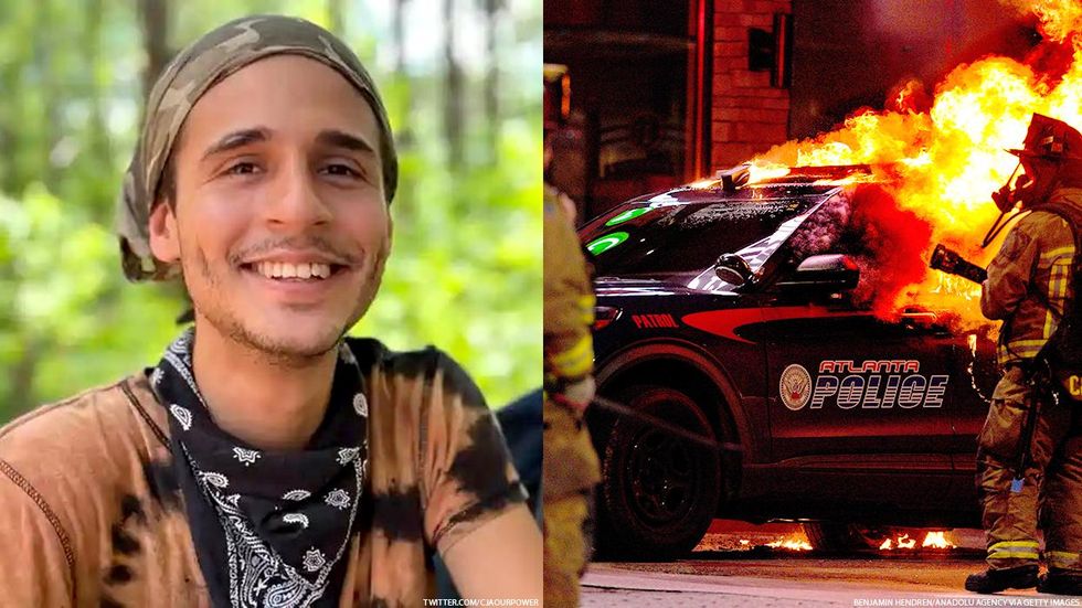 An image of Manuel Esteban Paez Terán and another of an Atlanta police car on fire