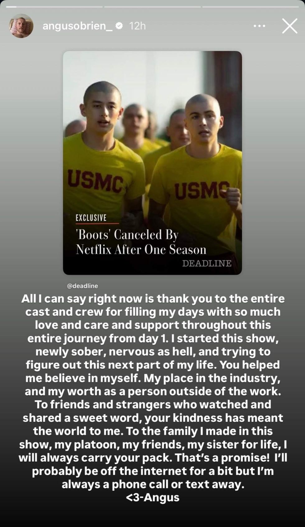 Angus O'Brien, who played Hicks on \u200bBoots\u200b, shared via Instagram Story