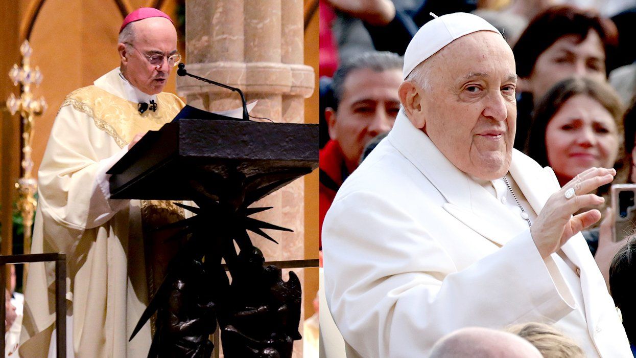 anti lgbtq Archbishop Carlo Maria Vigano Apostolic Nuncio of the United States chicago excommunicated by Pope Francis waving popemobile