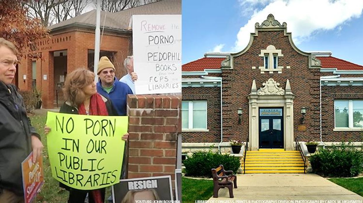 anti lgbtq book protesters next to the Vinton Iowa Public Library