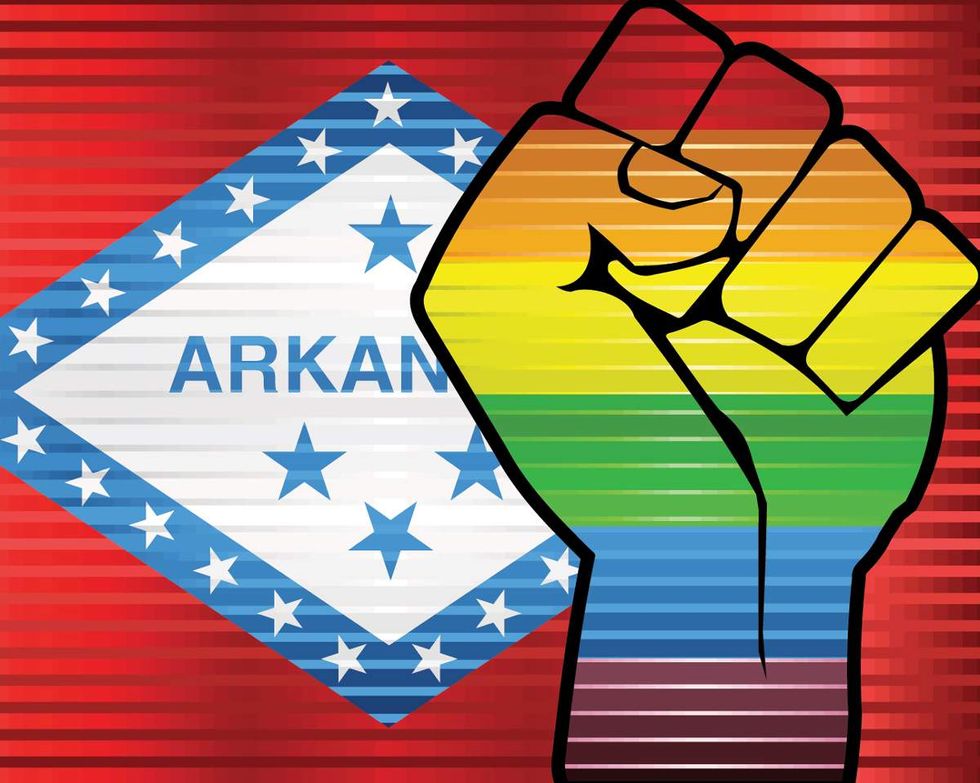 arkansas flag and a rainbow colored fist