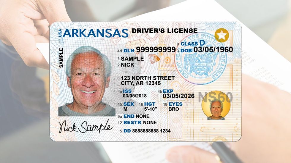 Arkansas sample drivers license on top of people filling out paperwork