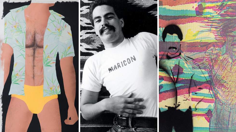 Artwork by Teddy Sandoval and a photo of artist Joey Terrill