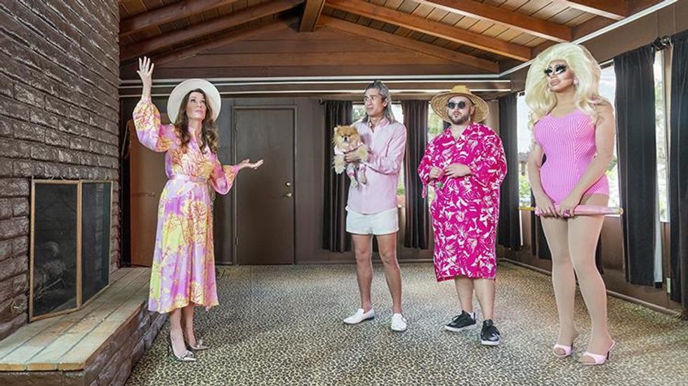 As seen on Trixie Motel, (from L to R) Lisa Vanderpump, Brandon Lim, David Silver, and Trixie Mattel.