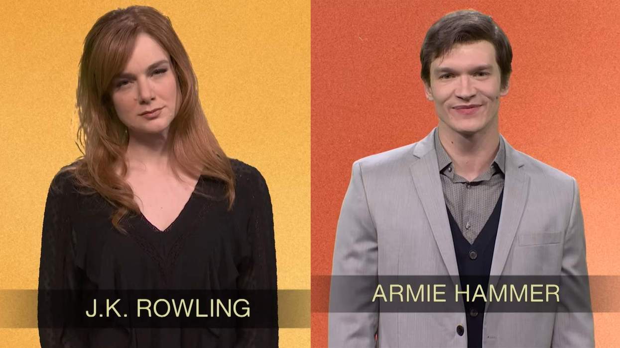 Ashley Padilla as J.K. Rowling and Connor Storrie as Armie Hammer in SNL skit.