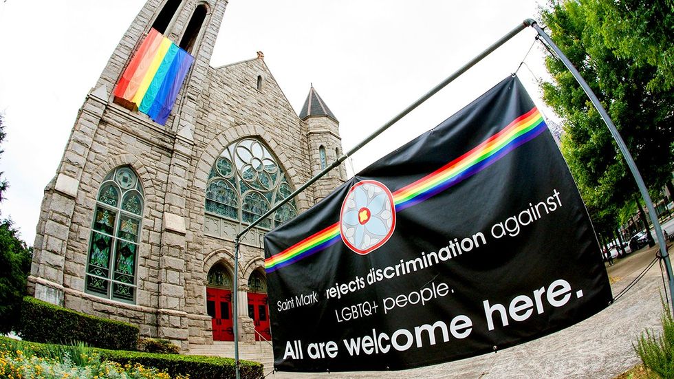 Atlanta Georgia USA rainbow Methodist church banner welcomes LGBTQ people