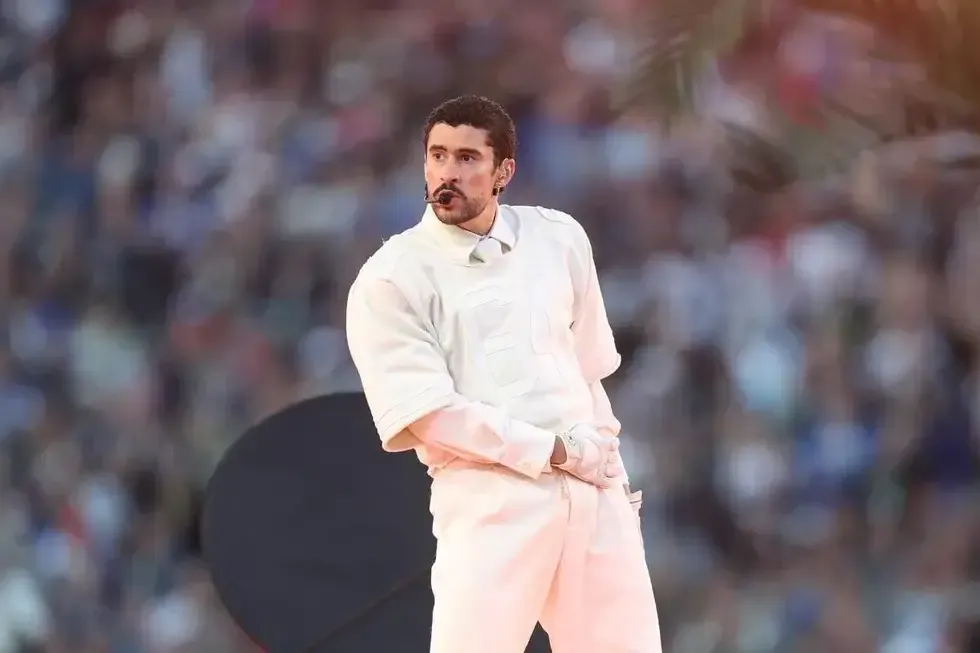 Bad Bunny performing at the 2026 Super Bowl Halftime Show