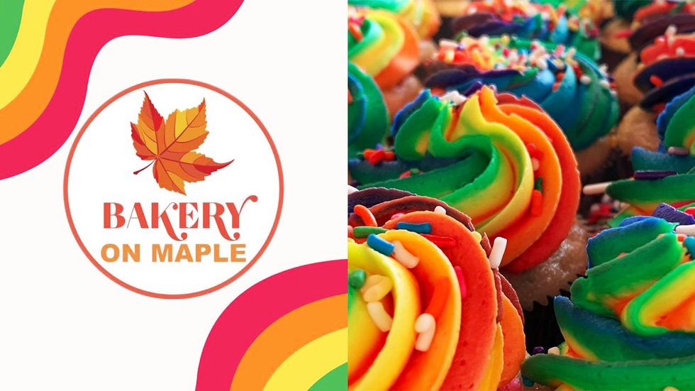 Bakery On Maple Logo and Rainbow Cupcakes