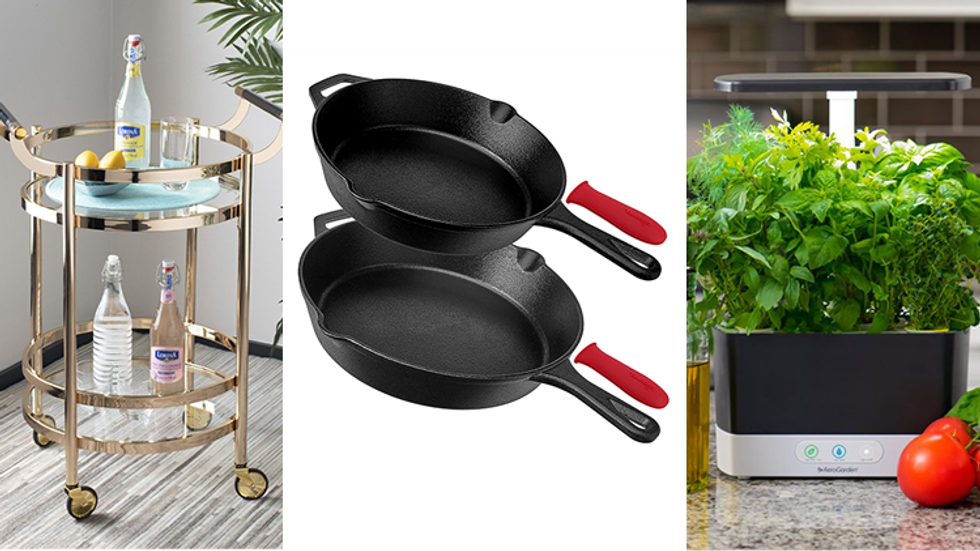 bar cart, cast iron skillets, and indoor herb garden