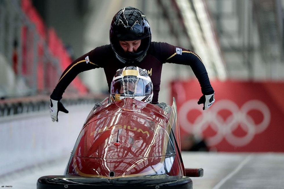 Belgium's An Vannieuwenhuyse and out Olympian Sophie Vercruyssen start during the women's bobsled training