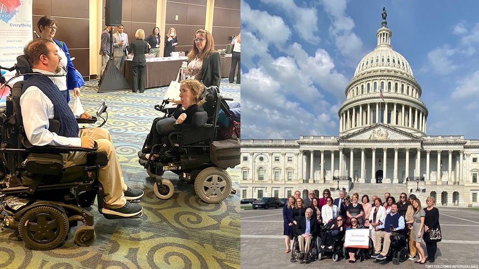 Ben Trockman and a fellow advocate for Easterseals and the group of Easterseals representatives in front of the U.S. Capitol