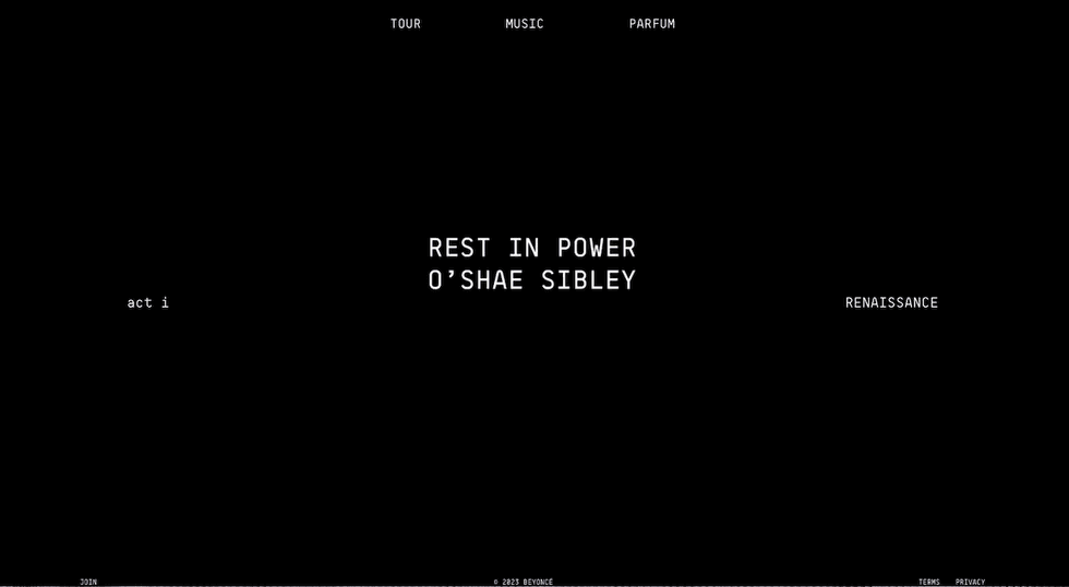 Beyonc\u00e9's website reading "Rest in Power O'Shae Sibley"