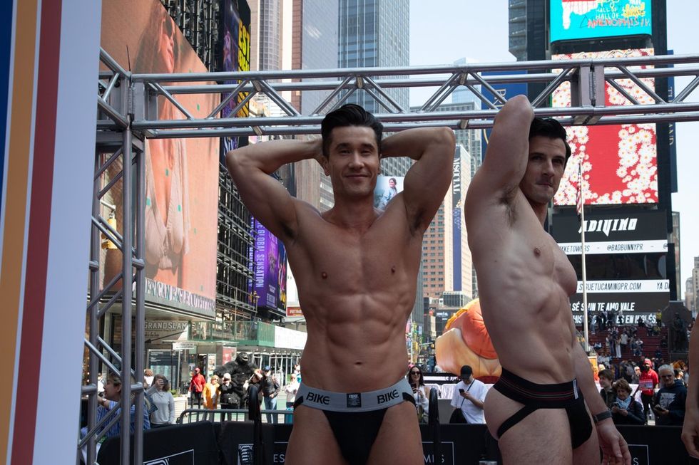 BIKE Athletic inventor of the jockstrap celebrates 150th anniversary on International Jockstrap Day with Broadway Bares Dancers in Times Square NYC
