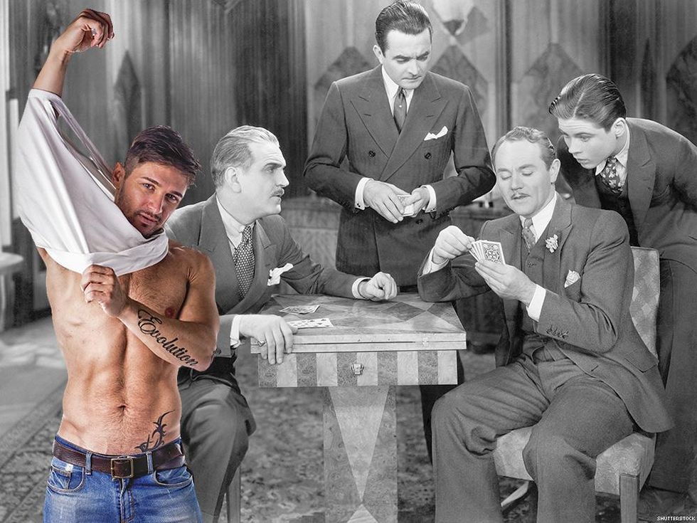 black and white vintage photo playing men poker with sexy guy taking his tshirt off wearing jeans