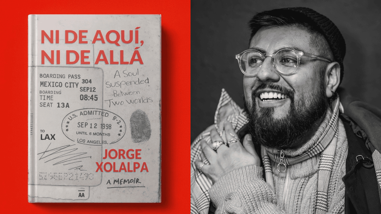 Book cover of Ni de Aquí, Ni de Allá by Jorge Xolalpa alongside a black-and-white portrait of the author smiling and wearing glasses and layered clothing