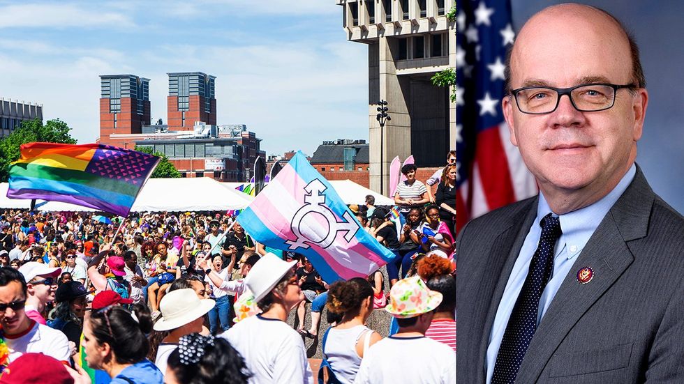 Boston MA lgbtq rights rally city hall plaza rainbow transgender pride flags Congressman Jim McGovern