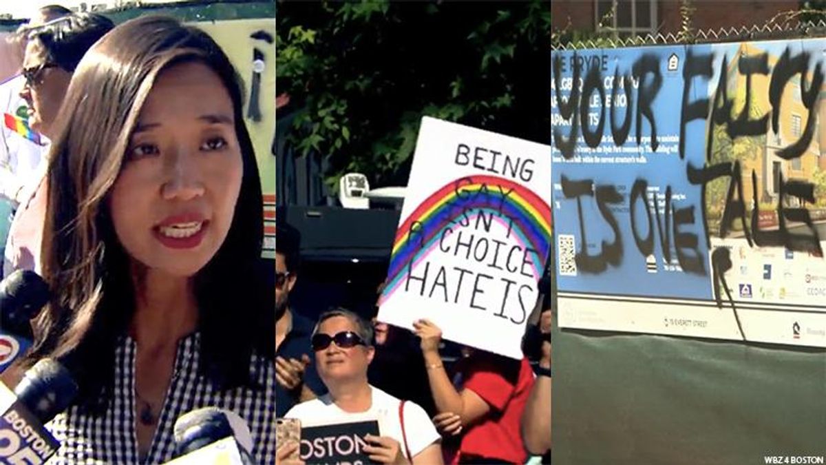Boston Mayor Michelle Wu and the vandalized site