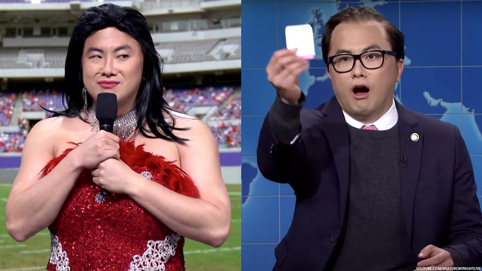 Bowen Yang on SNL as drag queen Kitara Ravache and Rep. George Santos