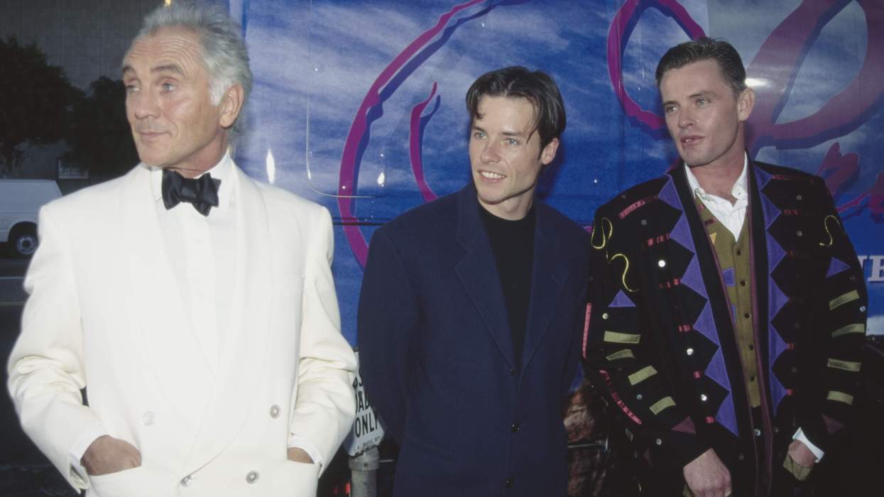British actor Terence Stamp, Australian actor Guy Pearce, and Australian film director Stephan Elliott attend the Hollywood premiere of 'The Adventures of Priscilla, Queen of the Desert.