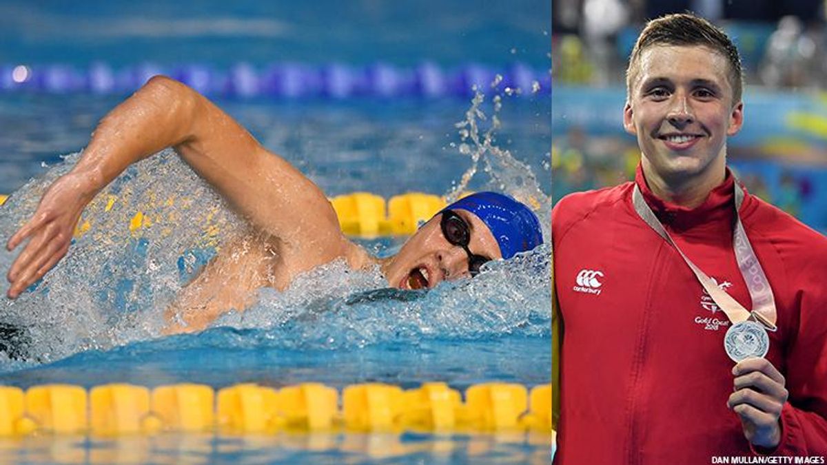 British Olympic swimmer Dan Jervis is shown swimming freestyle in one image next to a photo of him holding a medal.