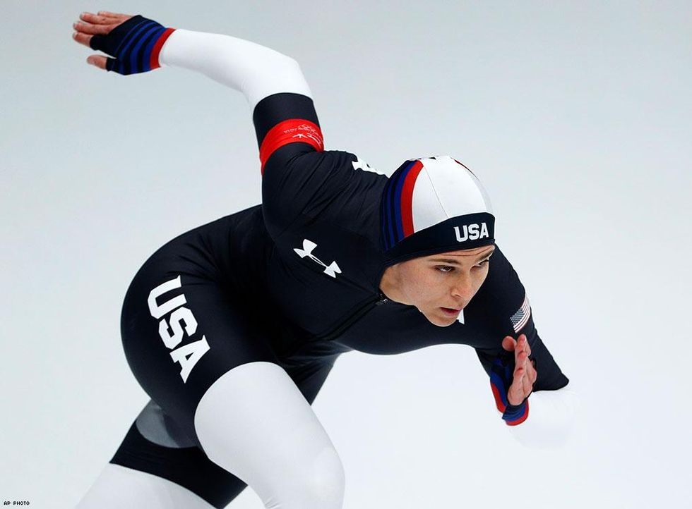 Brittany Bowe, a gay woman of the U.S., competes during the women's 1,000 meters speedskating race at the Gangneung Oval