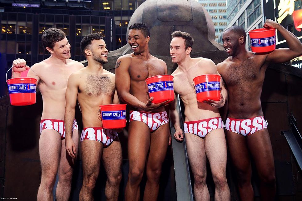 Broadway Bares performers Robert Walters, Chris Medlin, Christian Dante White, Matt Wiercinski, and Christopher Henry Young all in Aussie Bum