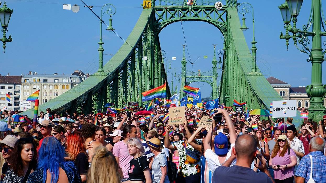 Budapest LGBTQIA Pride Parade 2021 over iconic Széchenyi Lánchíd Chain Bridge