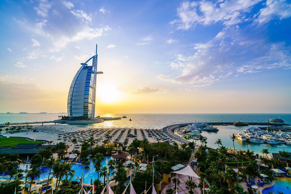 Burj Al Arab is pictured at sunset, Dubai.