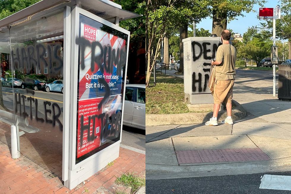 bus stop vandalized by Nicholas Goldstein near Washington DC LGBTQ bar Little Gay Pub