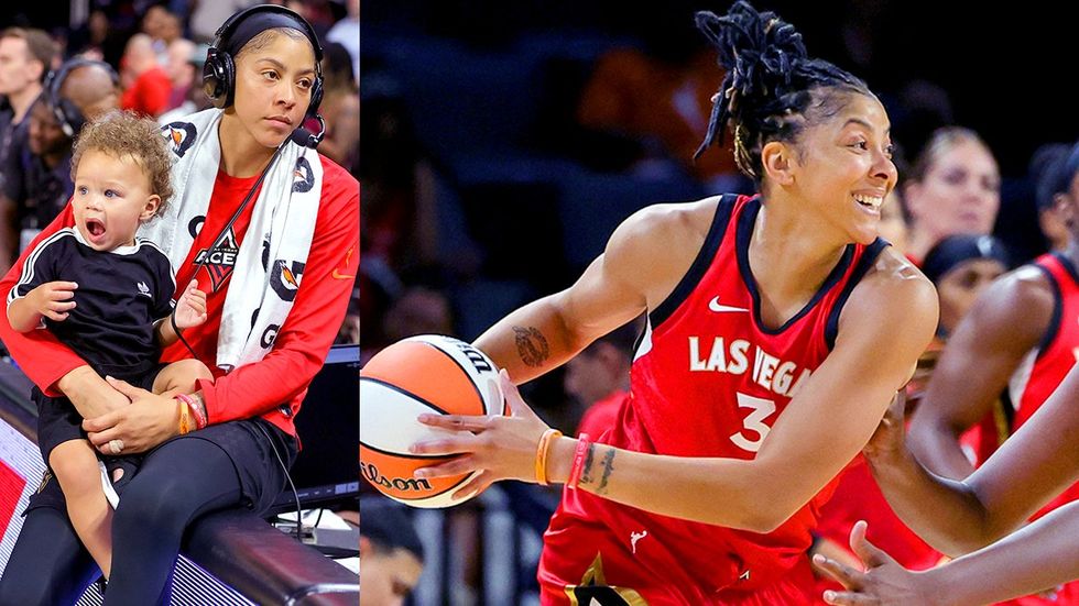 Candace Parker queer WNBA player LV Aces holding her son Airr playing against NY Liberty