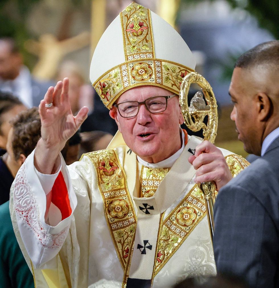 Cardinal Timothy Dolan Archbishop of New York leaves mass for dead Pope Francis St Patricks Cathedral New York City 2025