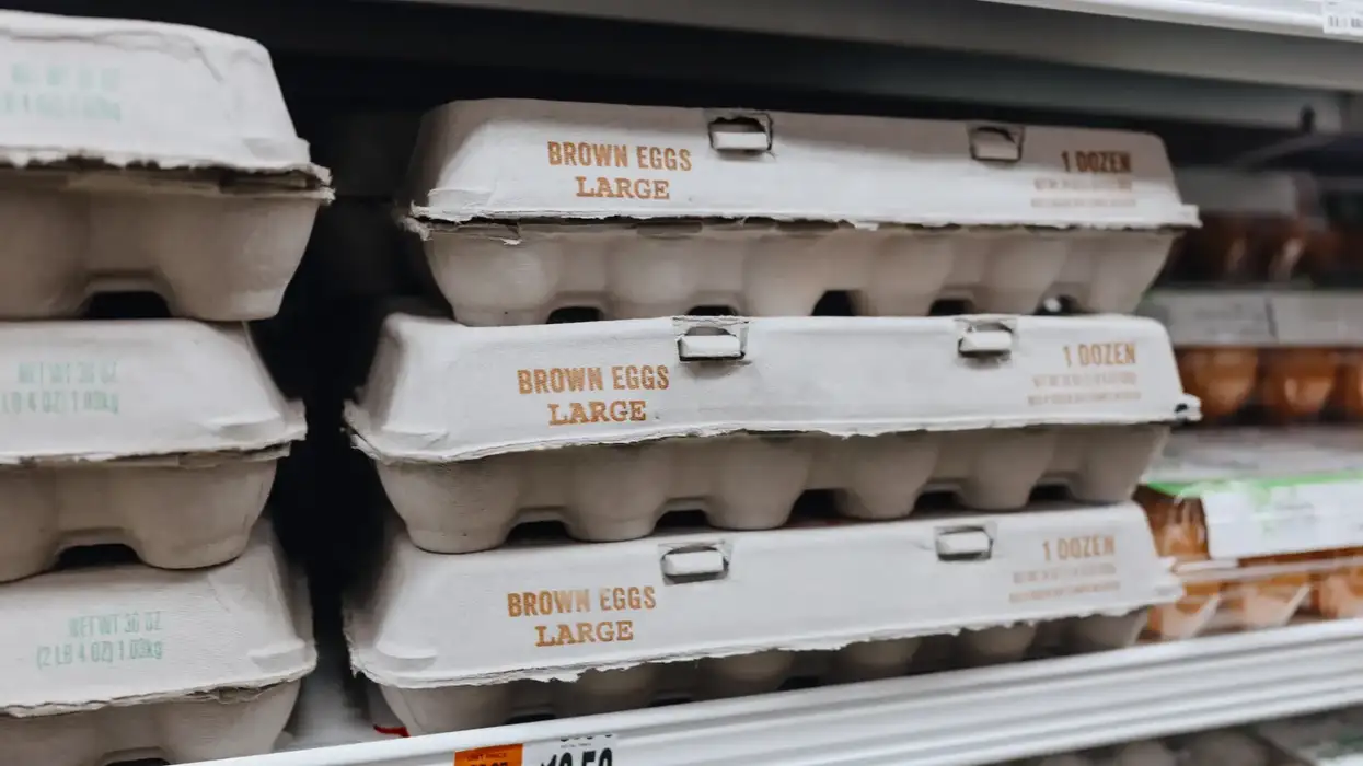 Cartons of eggs stacked in a grocery store