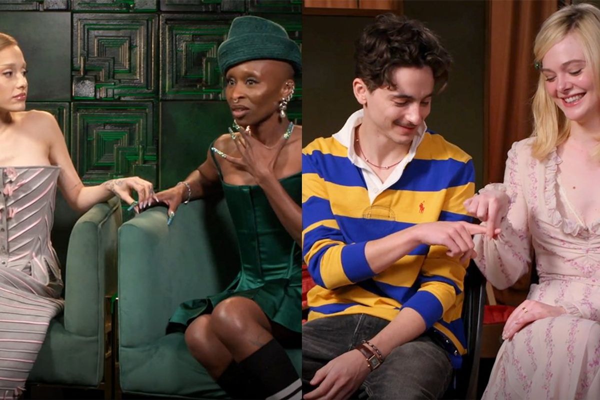 celebrity press interviews wicked movie arianna grande holding space finger cynthia erivo complete unknown Timothée Chalamet Elle Fanning