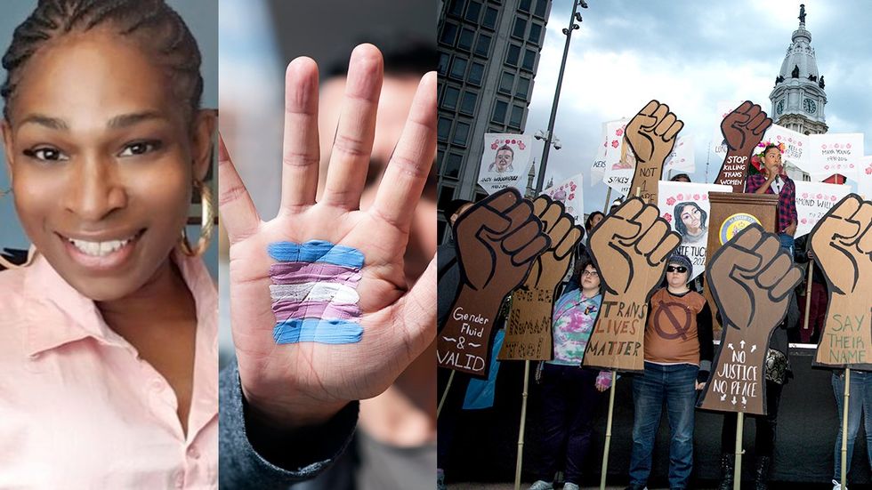 Celena Morrison Philadelphia Office LGBT Affairs Transgender flag colors painted hand Trans Lives Matter rally Philly City Love Park