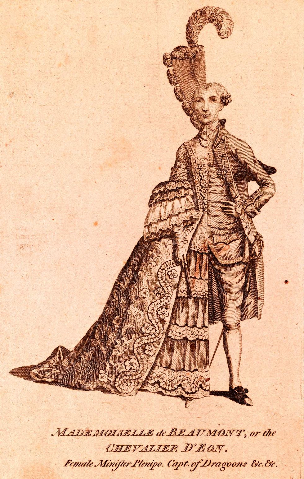 Chevalier dEon caricature of French diplomat spy soldier Charles Genevieve Louise Auguste Andre Timothee dEon de Beaumont