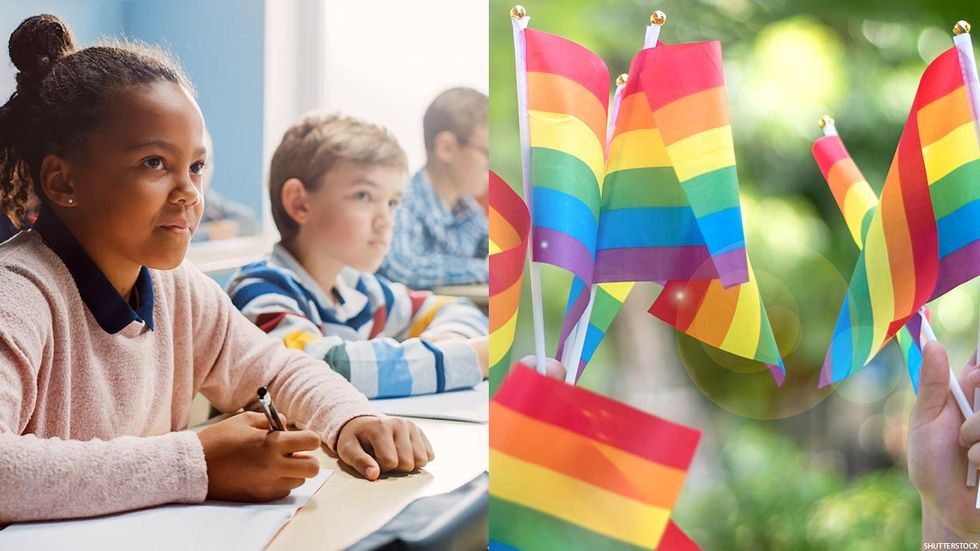 Children looking ahead in a classroom and Pride flags.