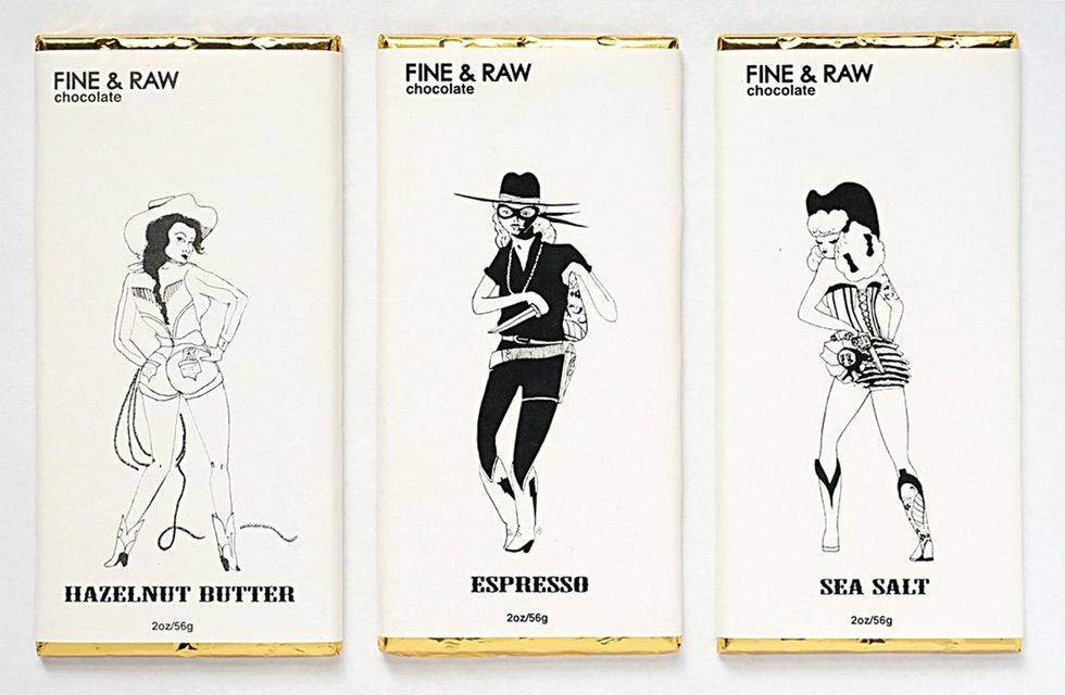 Chocoholics will love FINE & RAW chocolate bars with sassy illustrations. ($8.50, FineAndRaw.com)