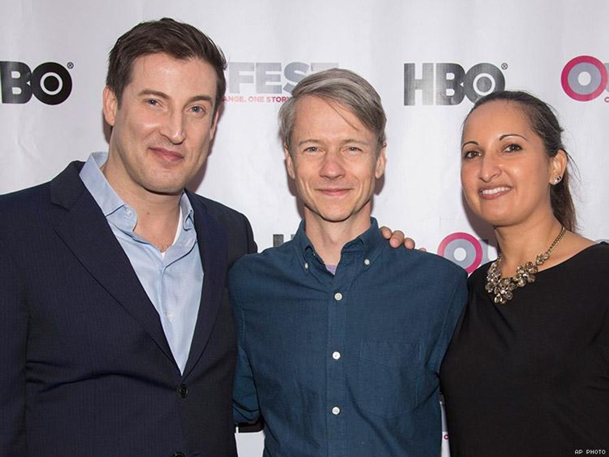 Christopher Racster (L-R), Outfest Achievement Award recipient John Cameron Mitchell and Outfest Director of Programming Lucy Mukerjee-Brown
