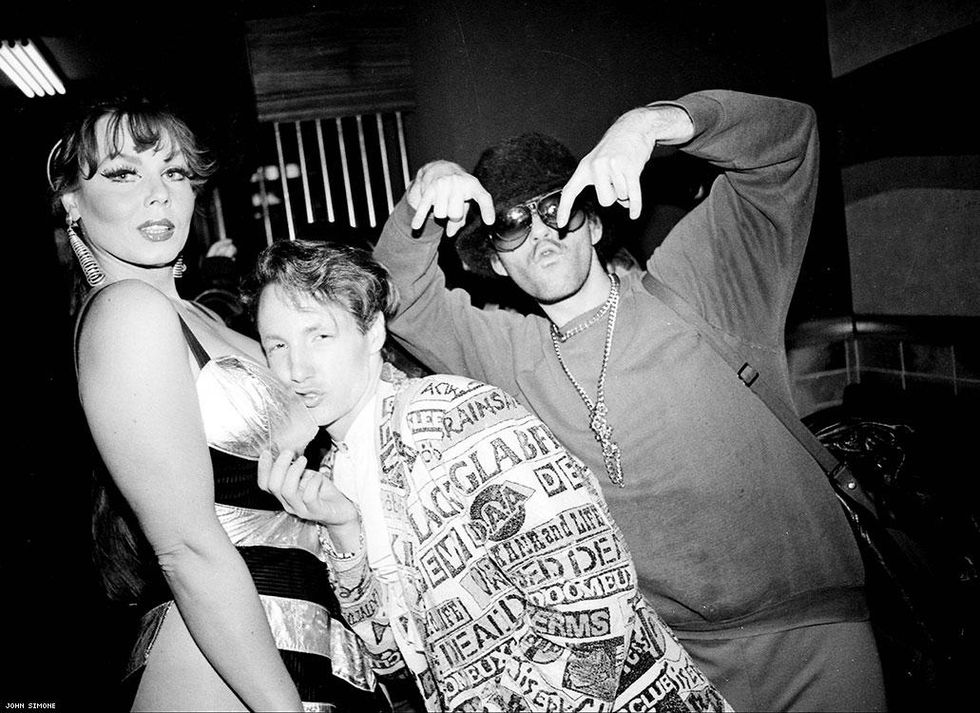 Chrysis with James St. James and designer Albert Crudo at Susanne Bartsch's Bentley's night, 1988
