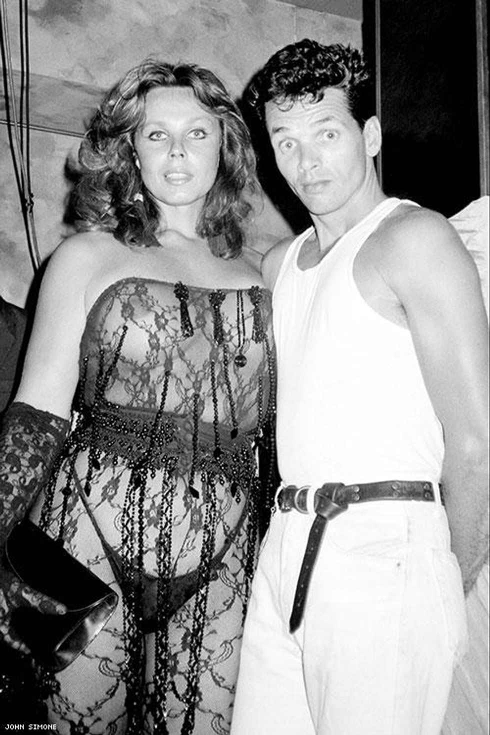 Chrysis with photographer Marcus Leatherdale at opening of the-World, 1988.