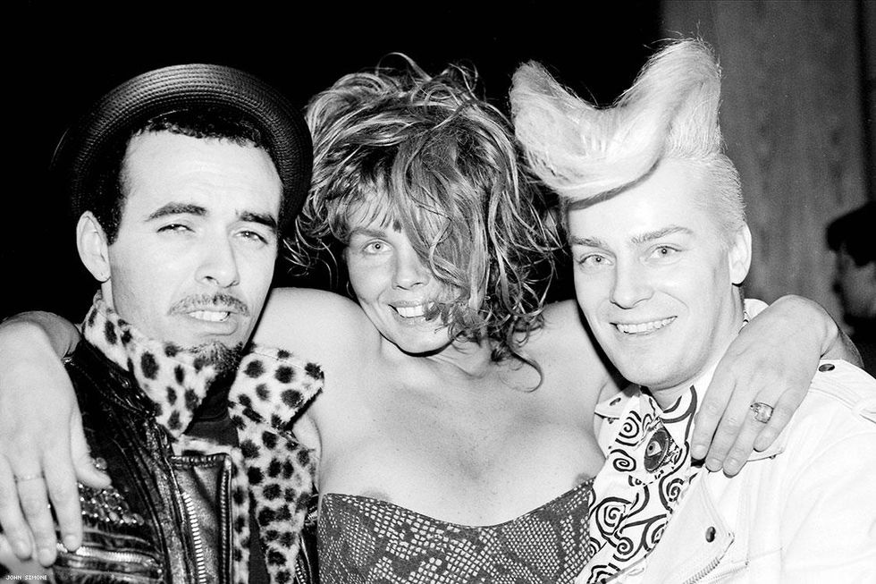 Chrysis with punk-musician Paul Zone and performance artist John Sex_at PrivateEyes for Hairspray release party, 1988.