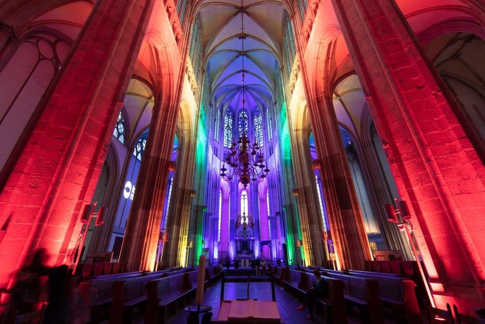 Church with rainbow lights