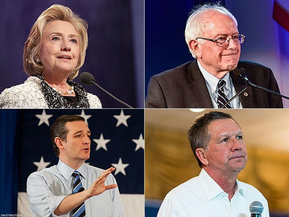 Clockwise from top left: Hillary Clinton; Bernie Sanders; John Kasich; Ted Cruz