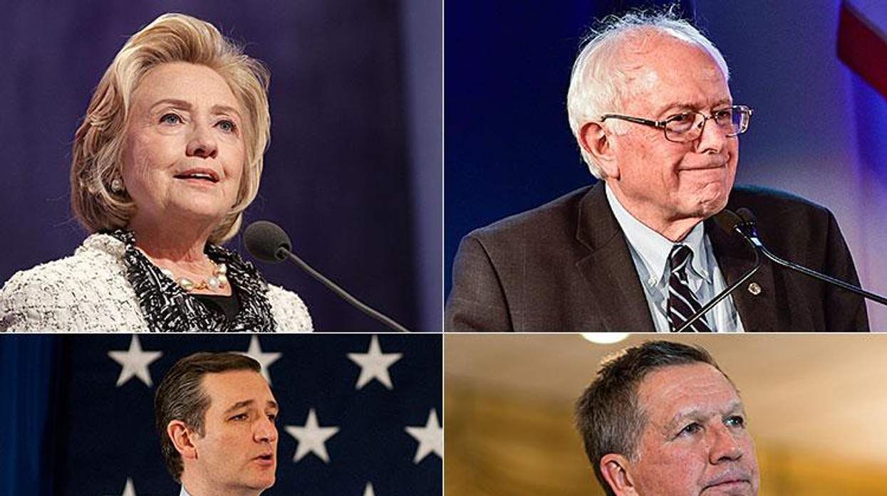 Clockwise from top left: Hillary Clinton; Bernie Sanders; John Kasich; Ted Cruz