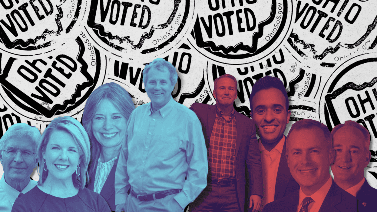 Collage of eight Ohio political candidates tinted blue and red against a black-and-white background featuring Ohio voting stickers.