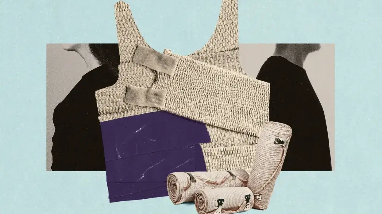 collage showing medical bandages in the shape of a chest binder