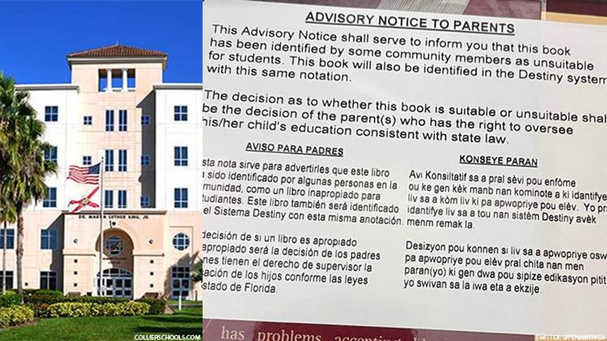 Collier County Public Schools and a warning label the district placed on LGBTQ+ related books.