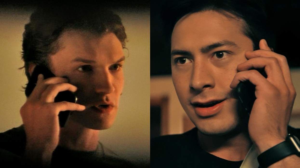 Connor Storrie as Ilya Rozanov; Hudson Williams as Shane Hollander in the final scene of Heated Rivalry episode 5