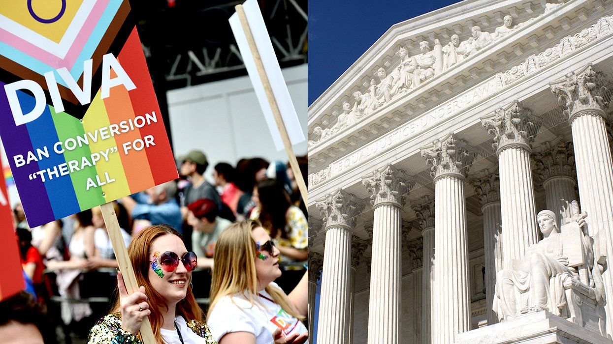 Conversion Therapy Ban Protest Sign LGBTQ Progress Pride Flag US Supreme Court Building Equal Justice Under Law