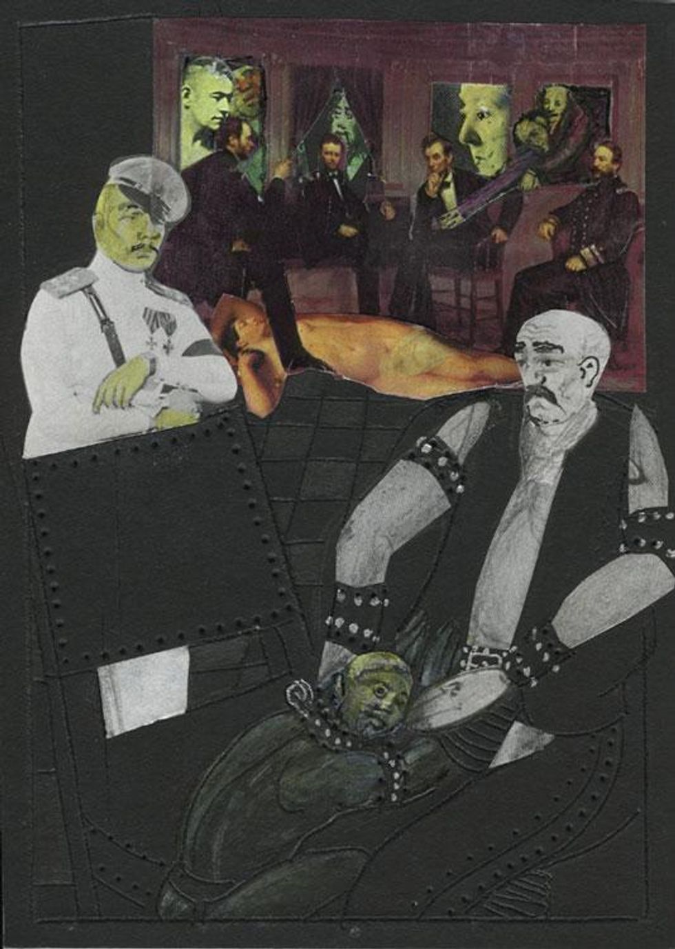 "Cou Maletta and Duke Valenti in the Office of Gay Cable Network," found collage and drawing on paper